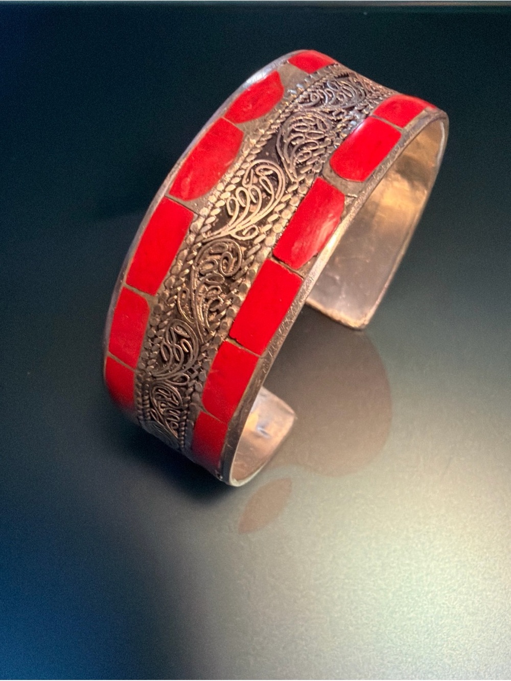 Coral cuff bracelet Nepal Tibet Filigree Silver Cuff Bracelet